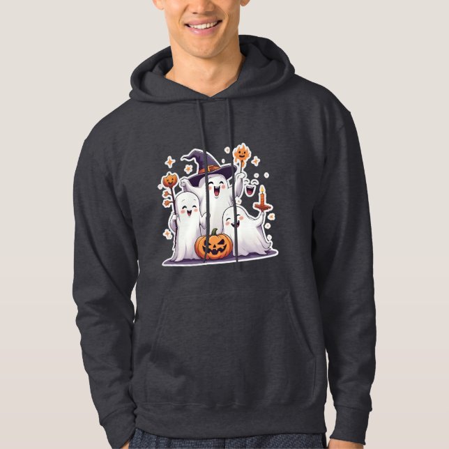 Kawaii Spöken Halloween Hoodie- Grått Sweatshirt (Framsida)