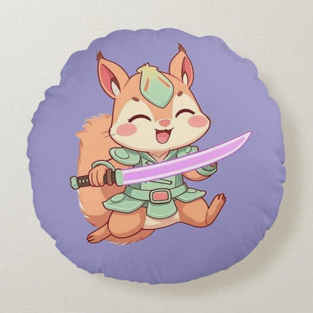 Kawaii Squirrel Samurai. Rund Kudde (Framsidan)