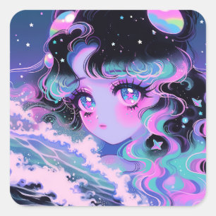 Kawaii Star Sea Girl under Cosmic Vågar Fyrkantigt Klistermärke