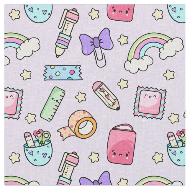 Kawaii Stationery Mönster Fabric Tyg (Närbild)