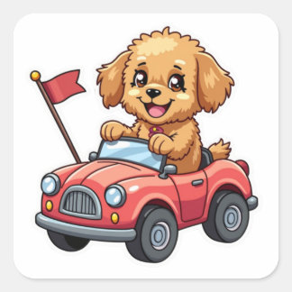 Kawaii Sticker Cavapoo i en Leksak-bil Fyrkantigt Klistermärke