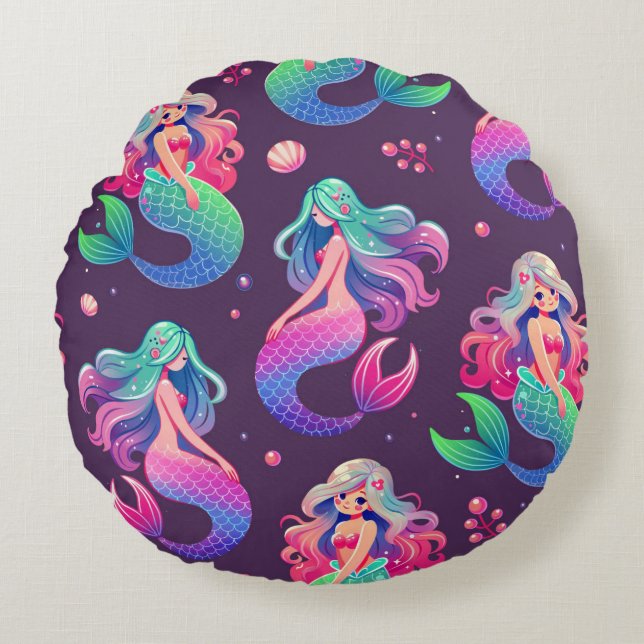 Kawaii Stil Sjöjungfruar Seamless Lila Rund Kudde (Framsidan)