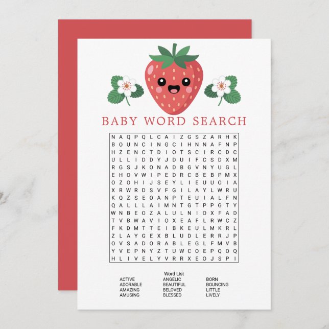 Kawaii Strawberry Baby Shower Word Search Game Inbjudningar (Fram/baksida)