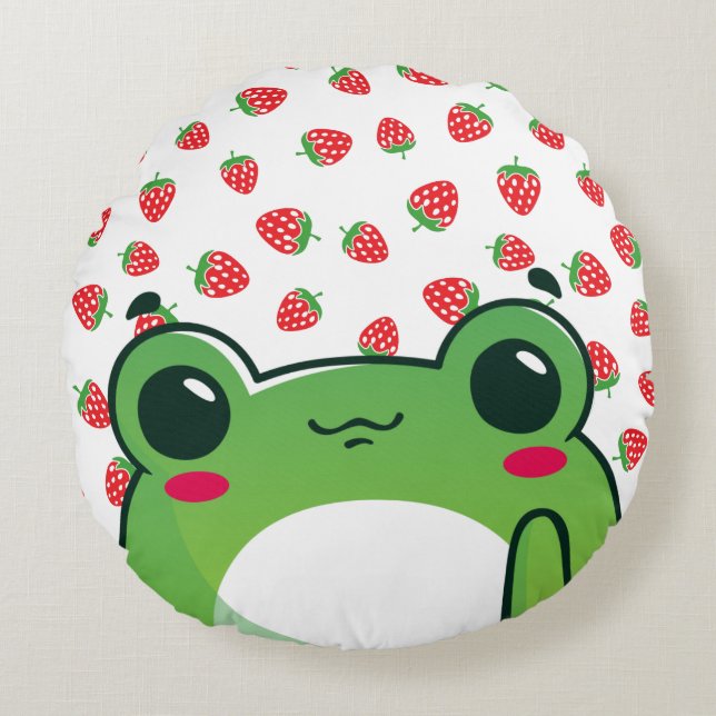 Kawaii Strawberry Frog Rund Kudde (Framsidan)