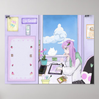 Kawaii Strawberry Girl Teckning Digital Art Poster