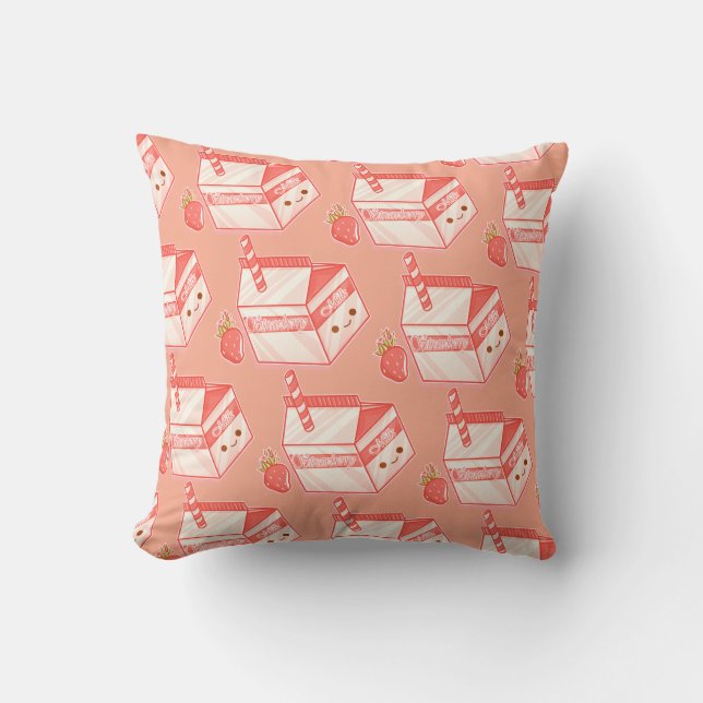 Kawaii Strawberry Milk Carton - Cute Aesthetic Art Kudde (Framsida)