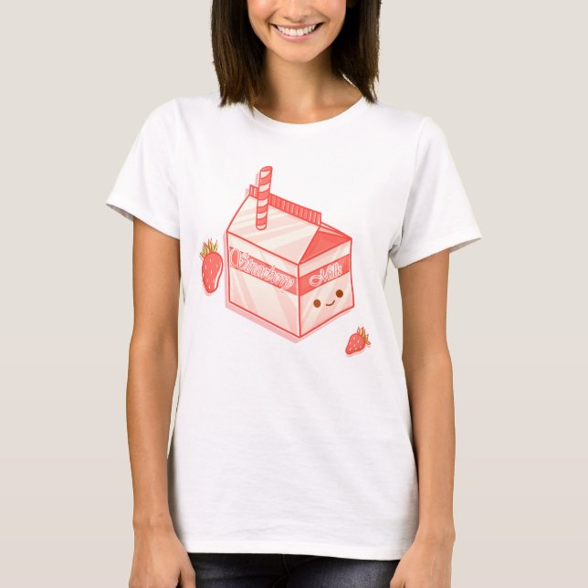 Kawaii Strawberry Milk Carton - Cute Aesthetic Art T Shirt (Framsida)