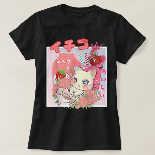 Kawaii Strawberry Milk Cat Aesthetic T Shirt (Design framsida)