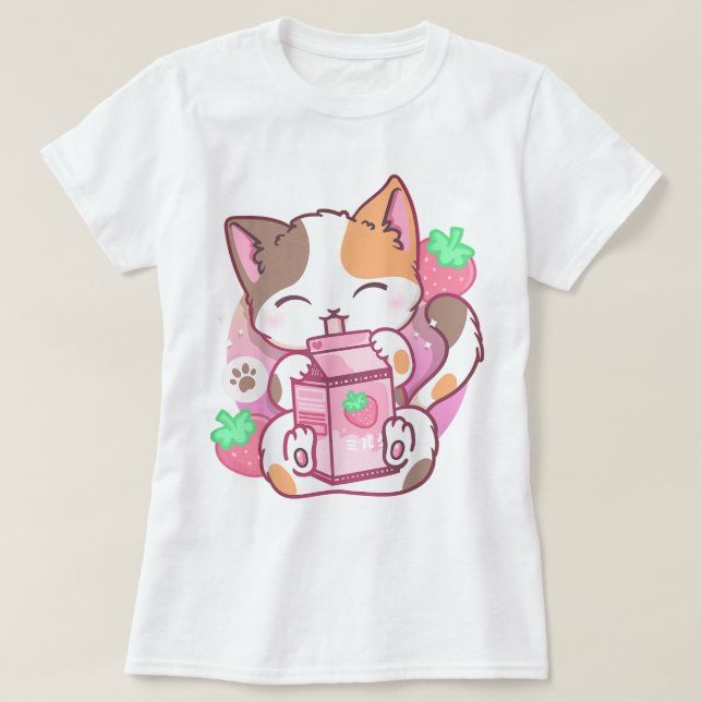 Kawaii Strawberry Milk Cat Design T Shirt (Design framsida)