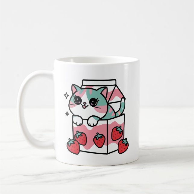 Kawaii strawberry milk cat kaffemugg (Vänster)
