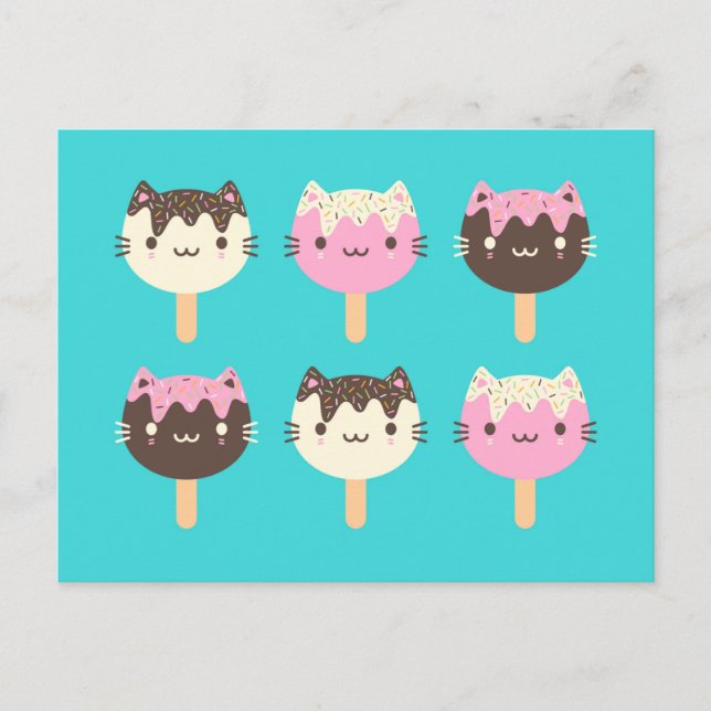 Kawaii Summer Ice Lolly Popsicle Cats Vykort (Framsida)