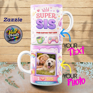 Kawaii "Super Sis" Gaming & Unicorn Photo Collage Kaffemugg