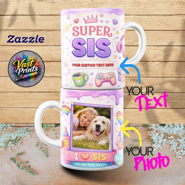 Kawaii "Super Sys" Gaming & Enhörnings Foto Collag Kaffemugg (Kawaii Super Sis Gaming & Unicorn Photo Collage Coffee Mug)