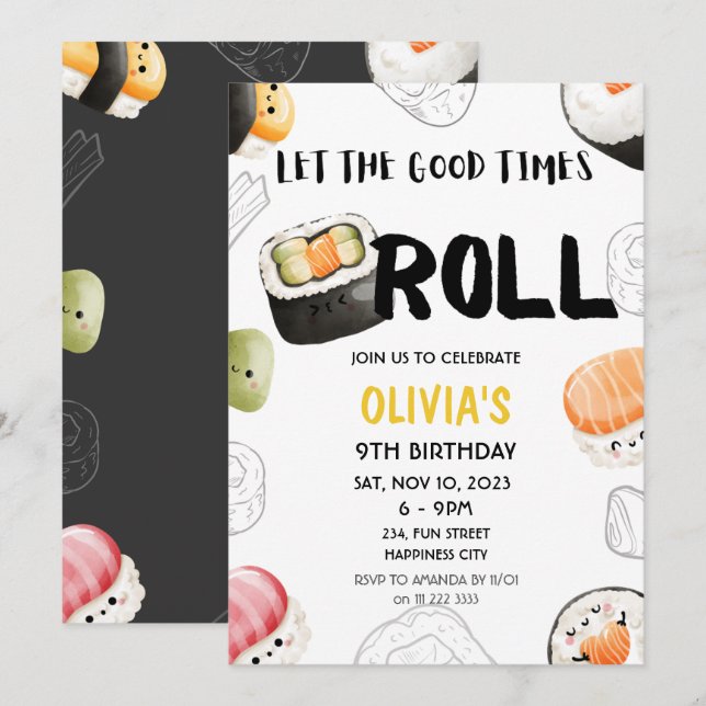 Kawaii Sushi Bra Times Roll Kids Vuxen Birthday Inbjudningar (Fram/baksida)