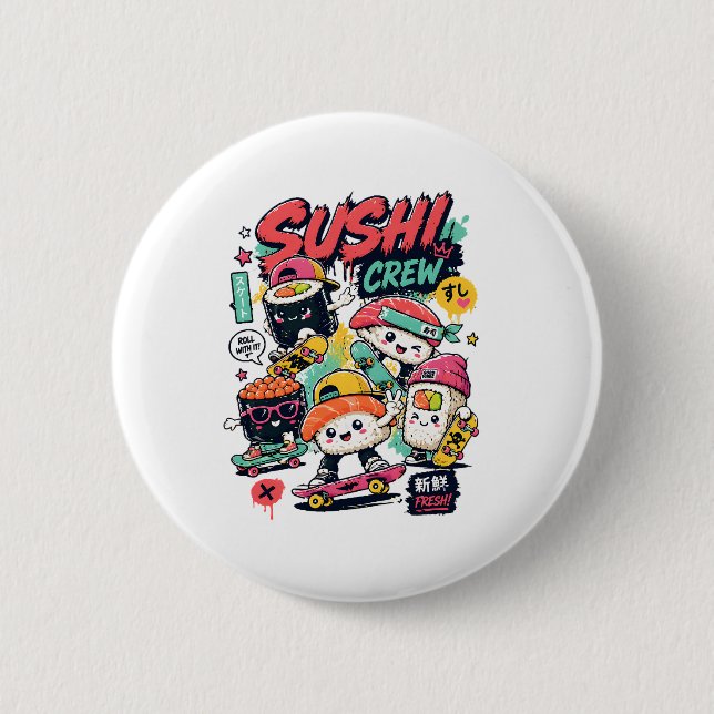 Kawaii Sushi Crew Skateboard-knapp | Japansk Knapp (Framsida)