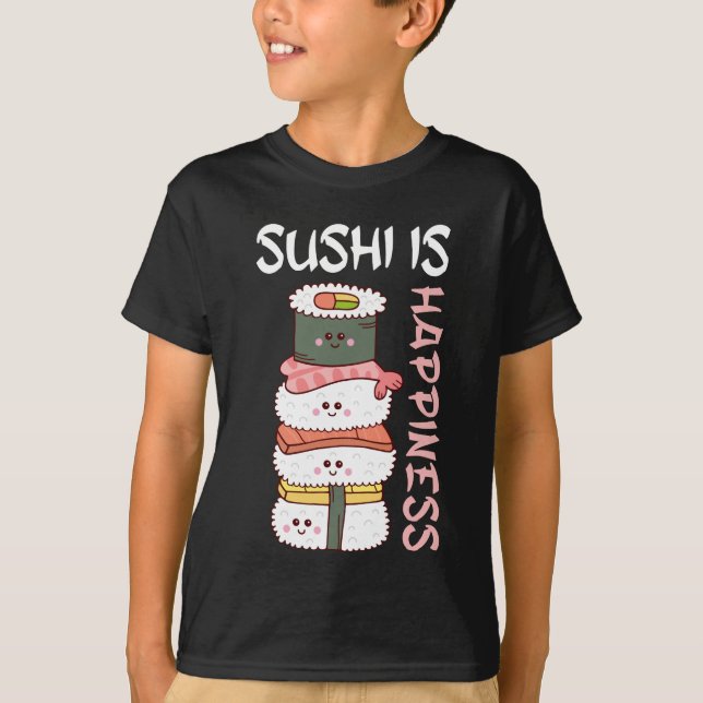 Kawaii Sushi Lycklig Anime Cute Japansk mat T Shirt (Framsida)