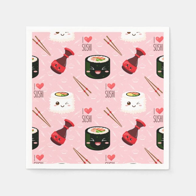 Kawaii Sushi Mönster Ljus rosa Pappersservett (Framsidan)