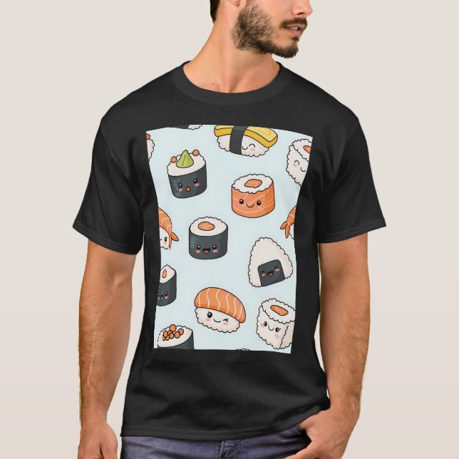 Kawaii Sushi Mönster T Shirt (Framsida)