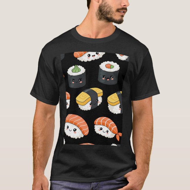 Kawaii Sushi Mönster T Shirt (Framsida)
