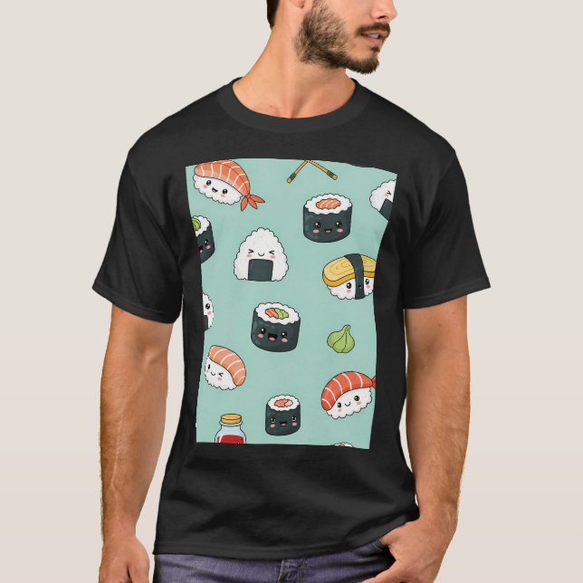 Kawaii Sushi Mönster T Shirt (Framsida)