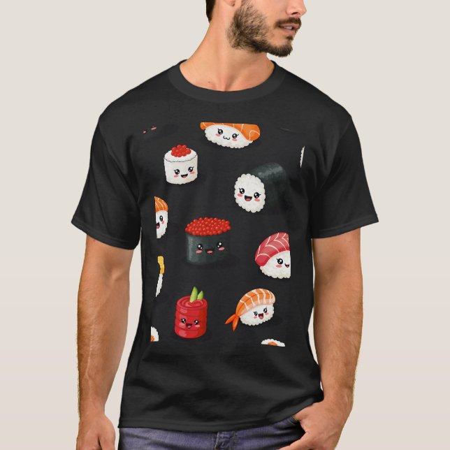 Kawaii Sushi Mönster T Shirt (Framsida)