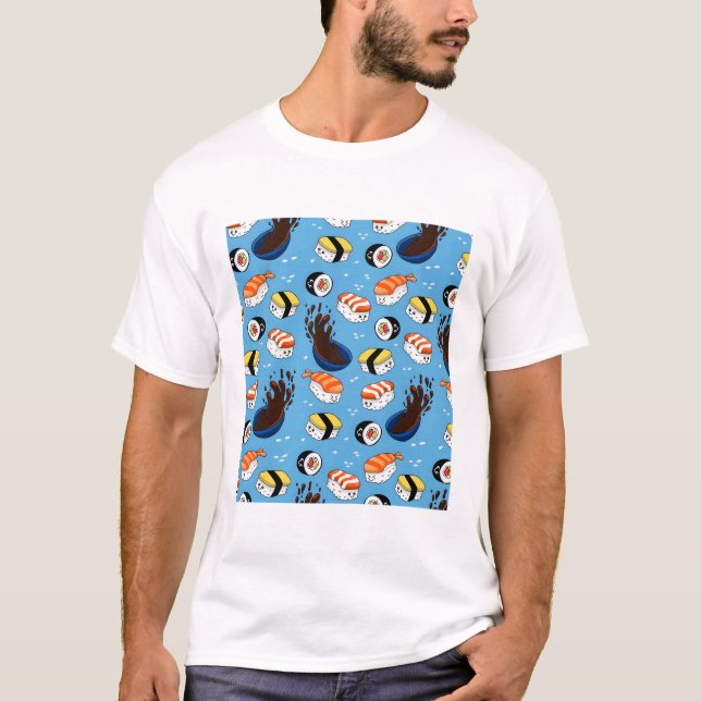 Kawaii Sushi Mönster T Shirt (Framsida)