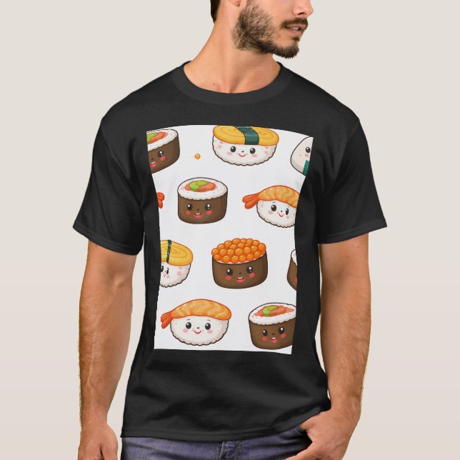 Kawaii Sushi Mönster T Shirt (Framsida)