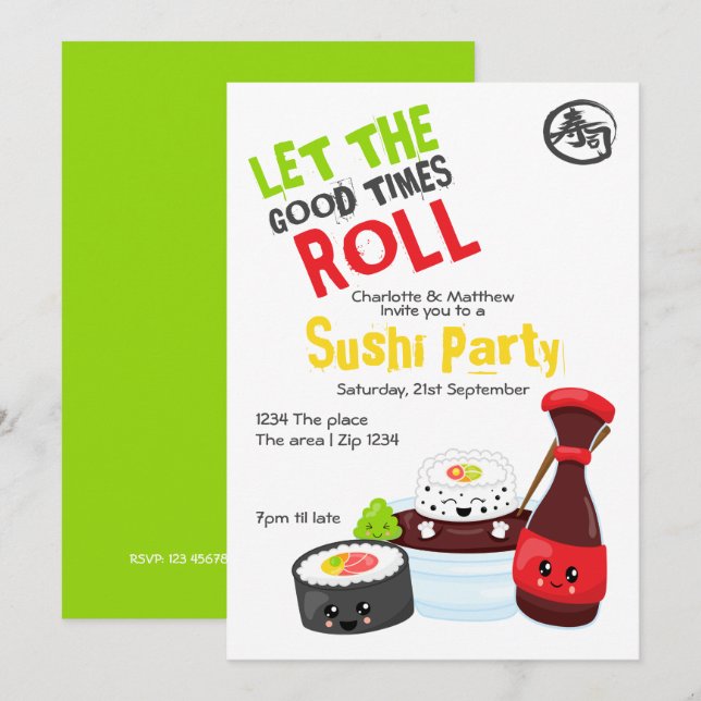 Kawaii Sushi Party lät Bra Times rulla Inbjudningar (Fram/baksida)