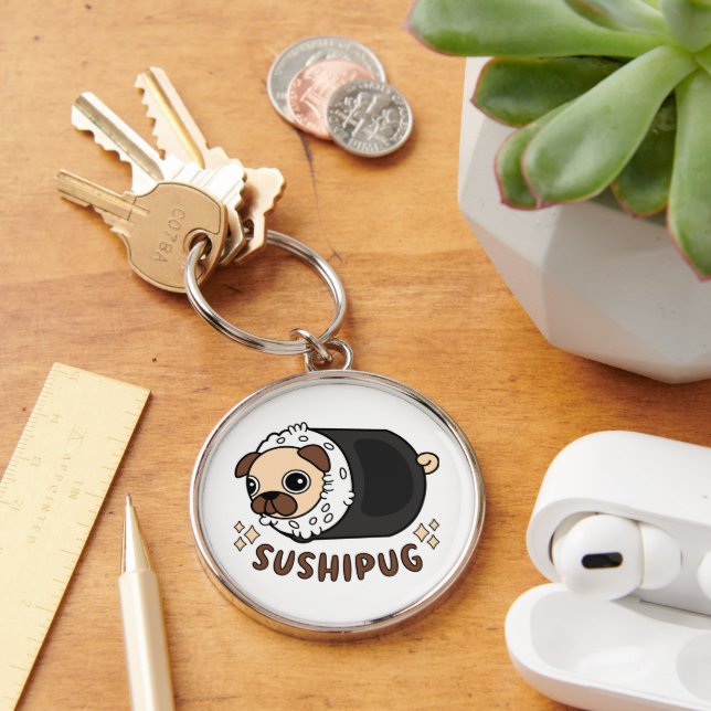 Kawaii Sushi Pug Mashup Rolig hund Älskare Gift Rund Silverfärgad Nyckelring (Skrivbord)