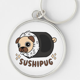 Kawaii Sushi Pug Mashup Rolig hund Älskare Gift Rund Silverfärgad Nyckelring