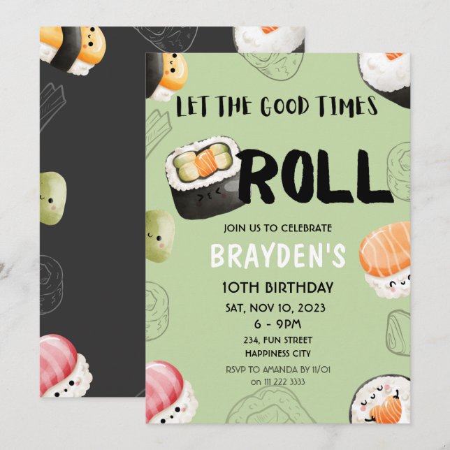Kawaii Sushi Sashimi Kids Boy Vuxen Birthday Inbjudningar (Fram/baksida)