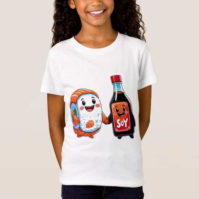 Kawaii Sushi & Soy Sauce T-shirt - Cute Lycklig Ro (Framsida)