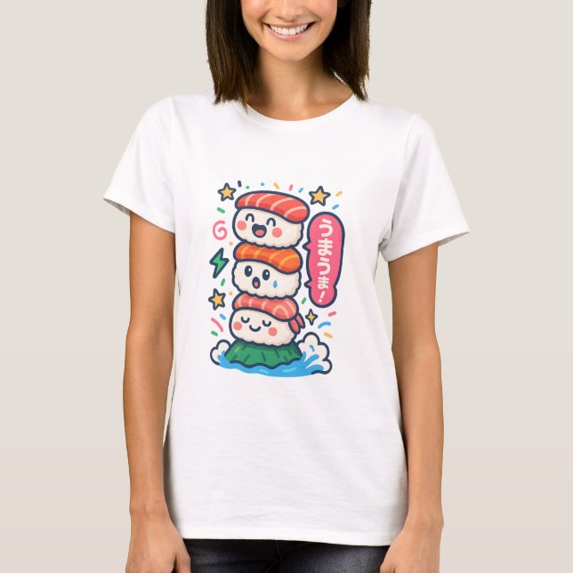 Kawaii Sushi Stack – Cute Japanese Food Doodle T Shirt (Framsida)