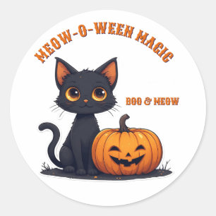 Kawaii svart katt och pumpastapel Halloween 🎃 Runt Klistermärke