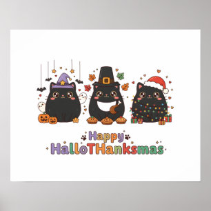Kawaii Svarta Katter Glad HalloTacksmäs Poster