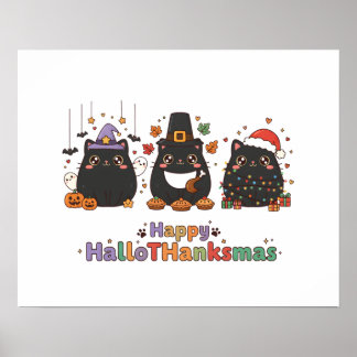 Kawaii Svarta Katter Glad HalloTacksmäs Poster