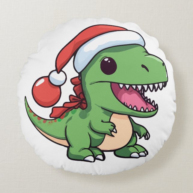 Kawaii T-Rex dinosaur i julhatt Rund Kudde (Framsidan)