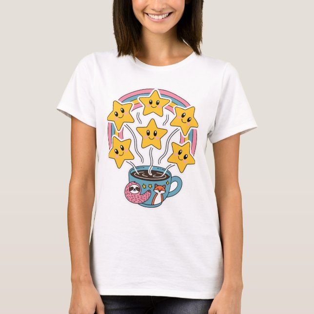 Kawaii T-Shirt - Cute Rainbow Kopp med stjärnor (Framsida)