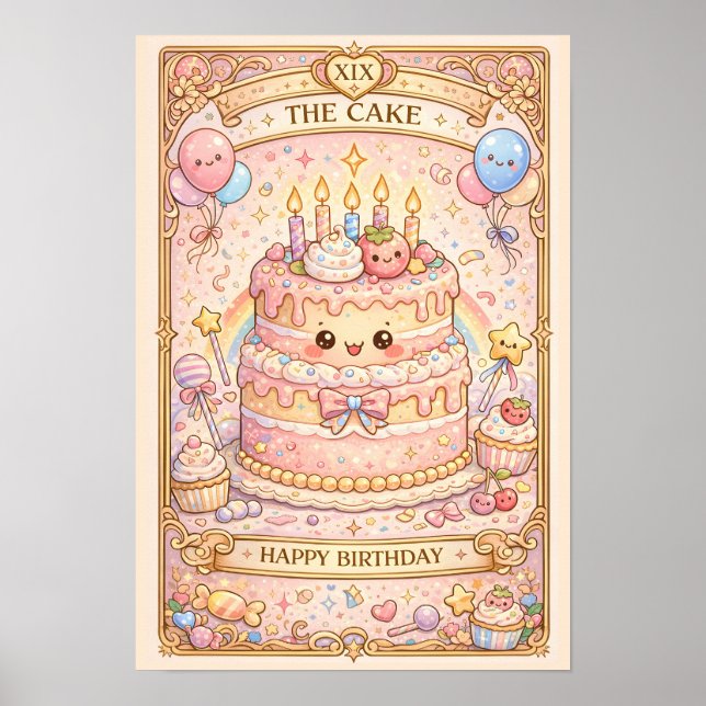 Kawaii Tarot Födelsedag “The Cake” Pastell söt Poster (Framsidan)