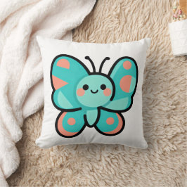 Kawaii Teal Butterfly Happy Face Cartoon Art Kudde