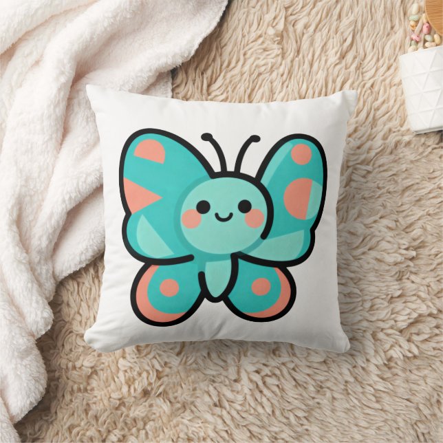 Kawaii Teal Butterfly Happy Face Cartoon Art Kudde (Filt)