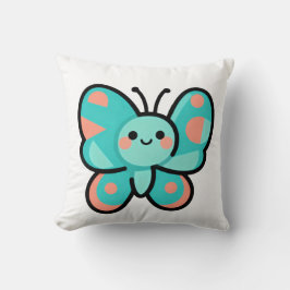 Kawaii Teal Butterfly Happy Face Cartoon Art Kudde