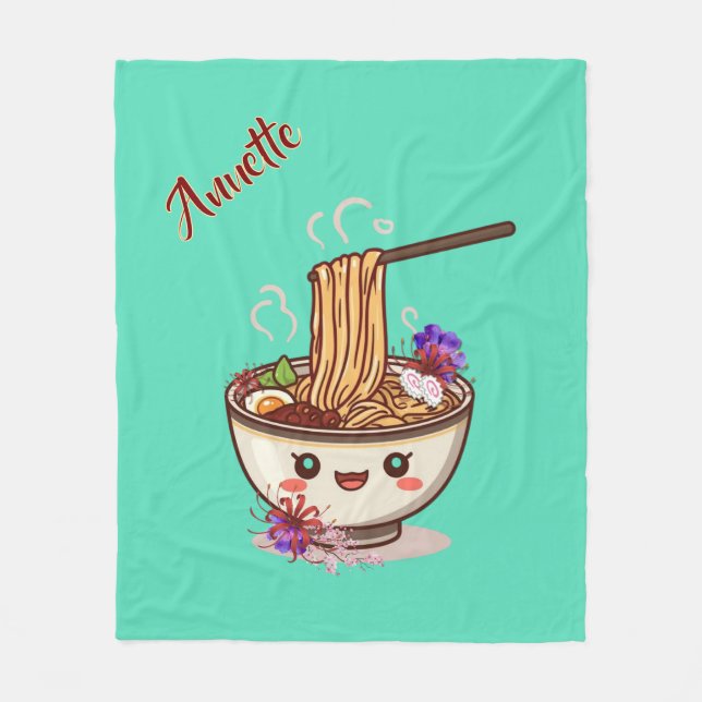 Kawaii Teal Ramen Food Bowl with Japanese Flowers  Fleecefilt (Framsidan)