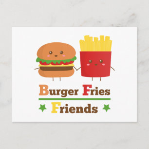 Kawaii Tecknad Burger Fries Friends BFF Vykort