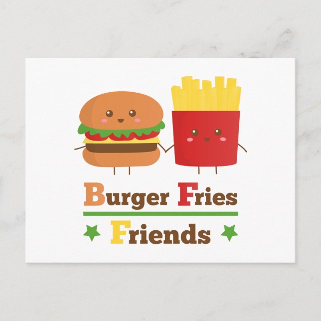 Kawaii Tecknad Burger Fries Friends BFF Vykort (Framsida)