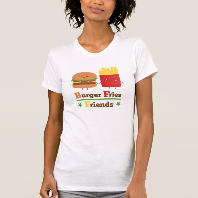 Kawaii Tecknad Burger Pommes Friter Vänner BFF Tee (Framsida)