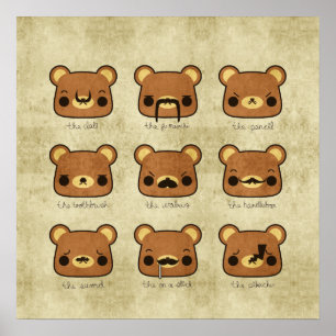Kawaii Tecknad Grunge Bears med Mustacher Poster