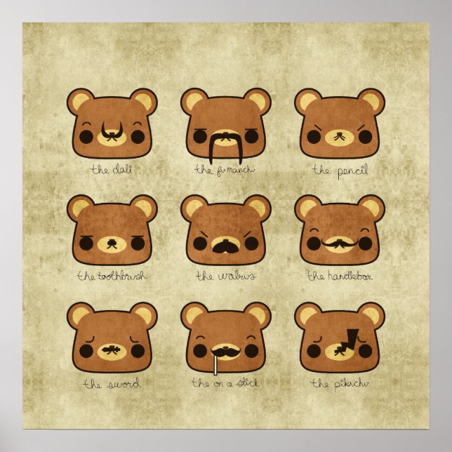 Kawaii Tecknad Grunge Bears med Mustacher Poster (Framsidan)