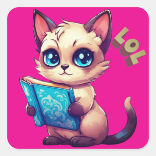 Kawaii tecknad-katt som läser bok fyrkantigt klistermärke