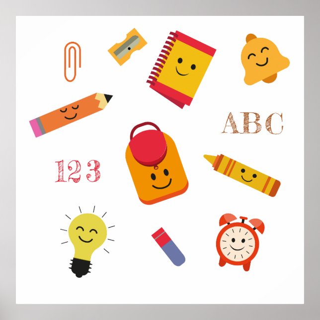 Kawaii Tecknad School Supplies Classroom Poster (Framsidan)